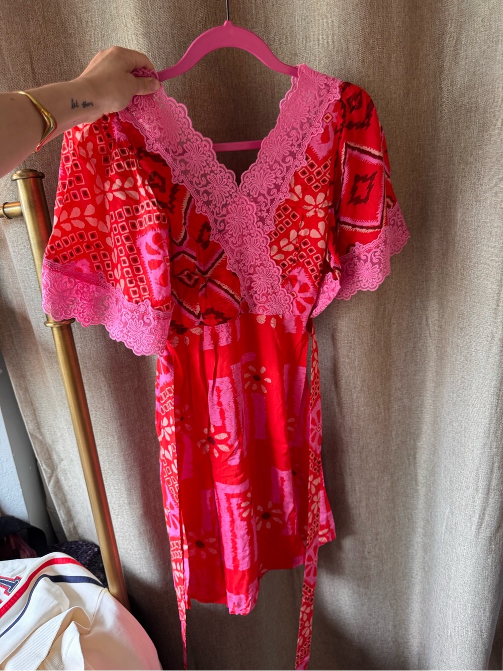 NWT Spell Libertine Pink & Red Lace Trim Wrap Dress - Picture 3 of 6